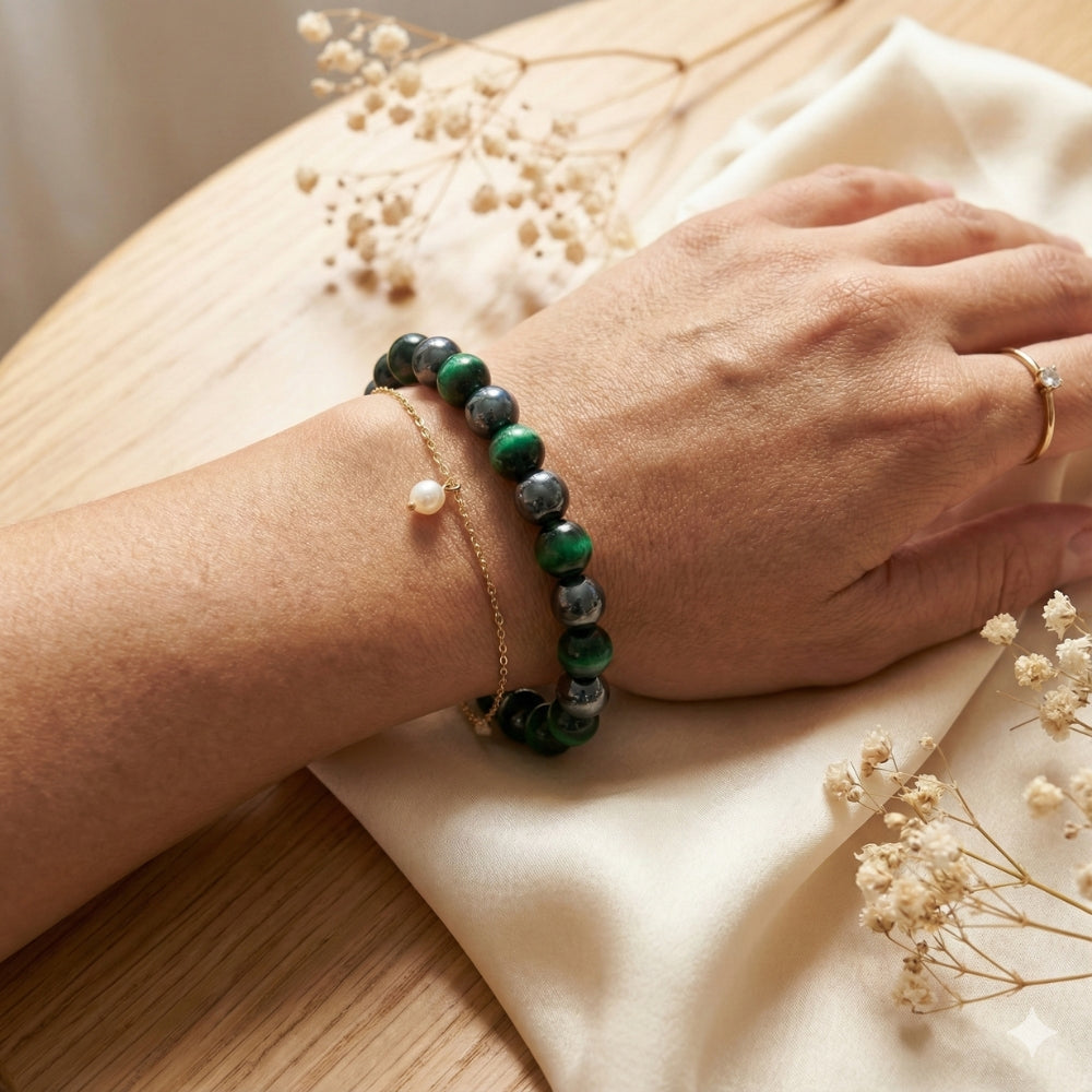 Green Tiger's Eye, Hematite & Black Obsidian | Bracelet