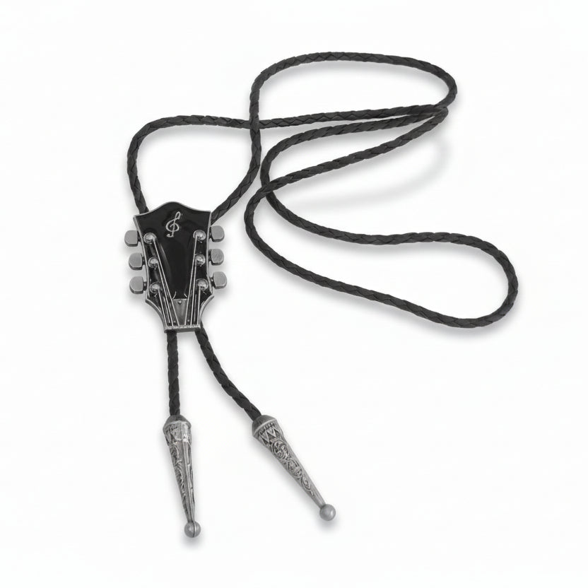 Bolo tie with guitar headstock design on a white background