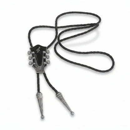 Bolo tie with guitar headstock design on a white background