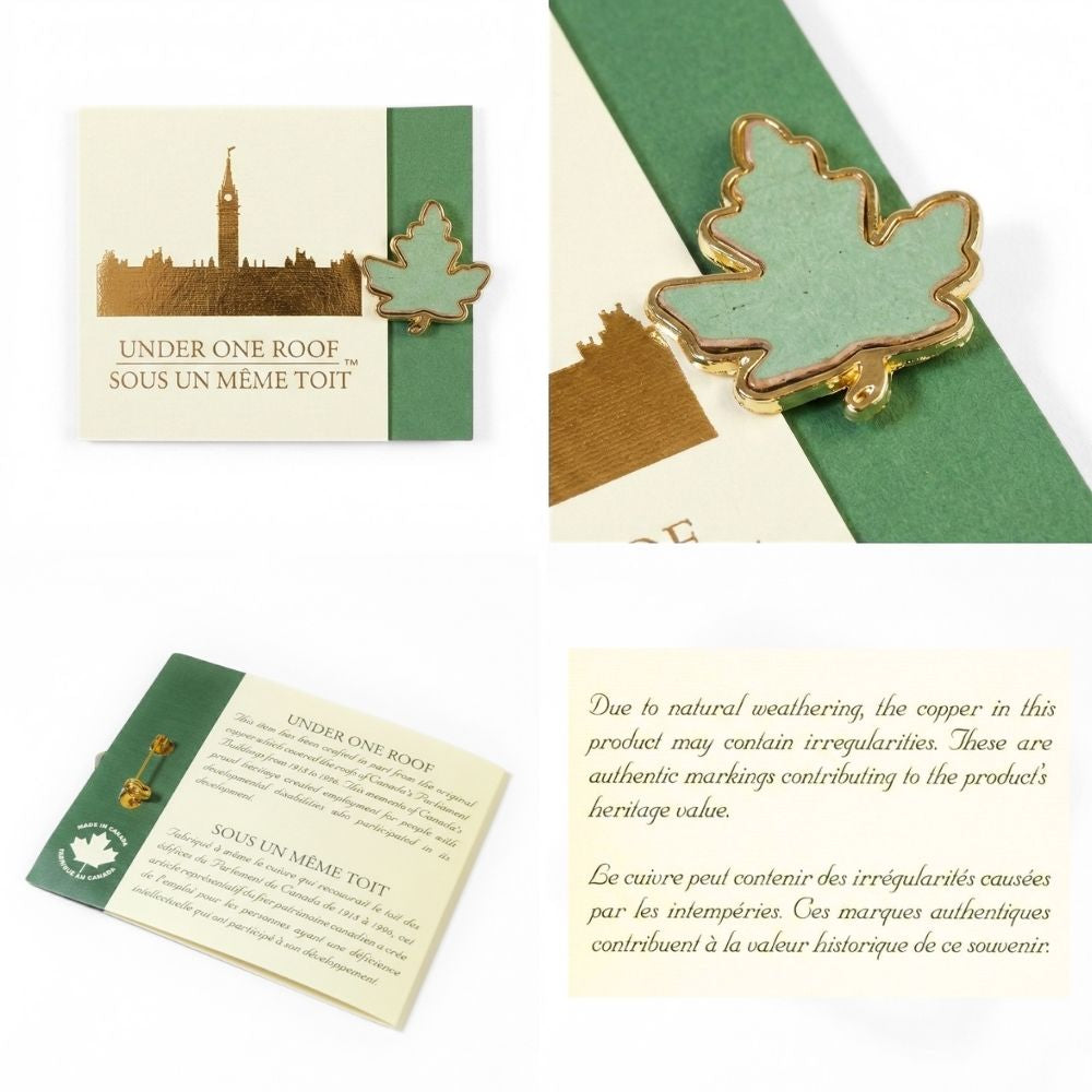 Broche en cuivre en forme de feuille d'érable du Parlement historique | Épingle de collection