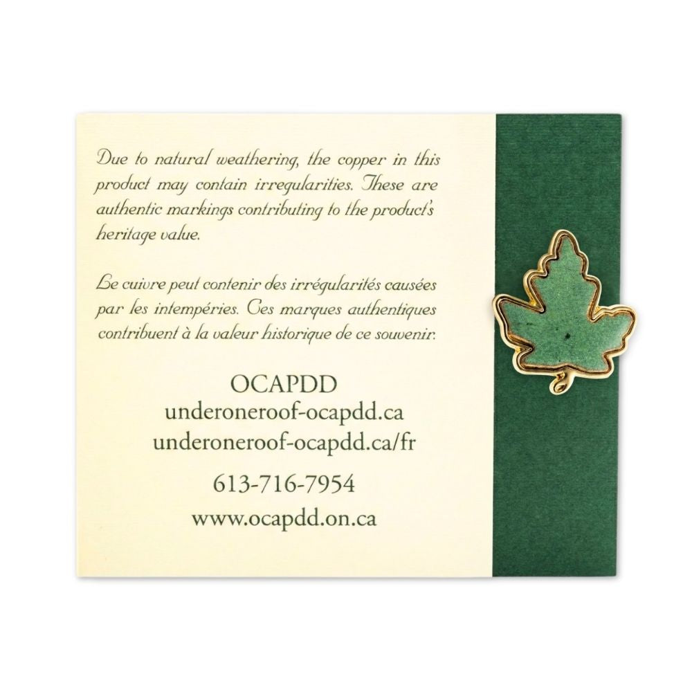 Broche en cuivre en forme de feuille d'érable du Parlement historique | Épingle de collection