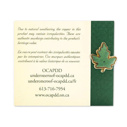 Broche en cuivre en forme de feuille d'érable du Parlement historique | Épingle de collection