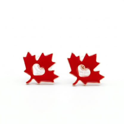 Maple Leaf Red Enamel Heart Silhouette Studs | Earrings