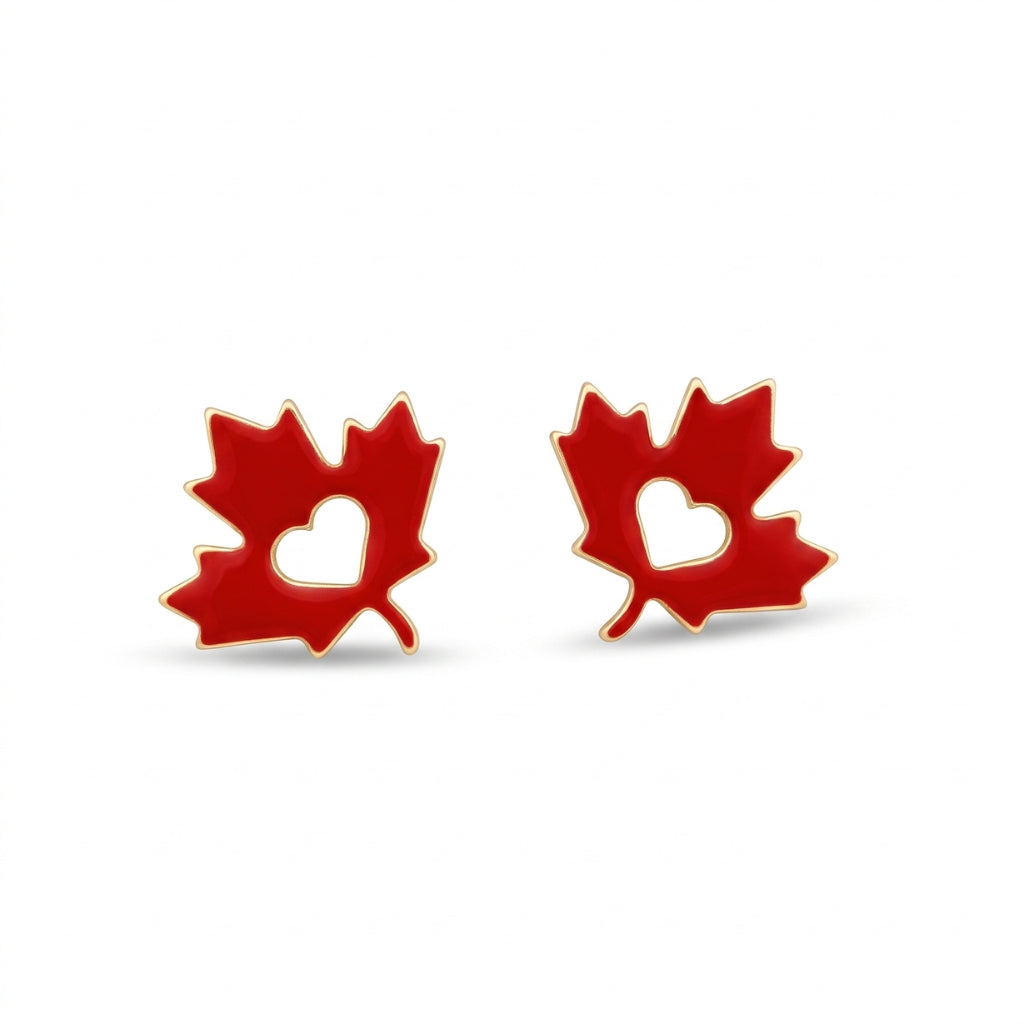 Maple Leaf Red Enamel Heart Silhouette Studs | Earrings