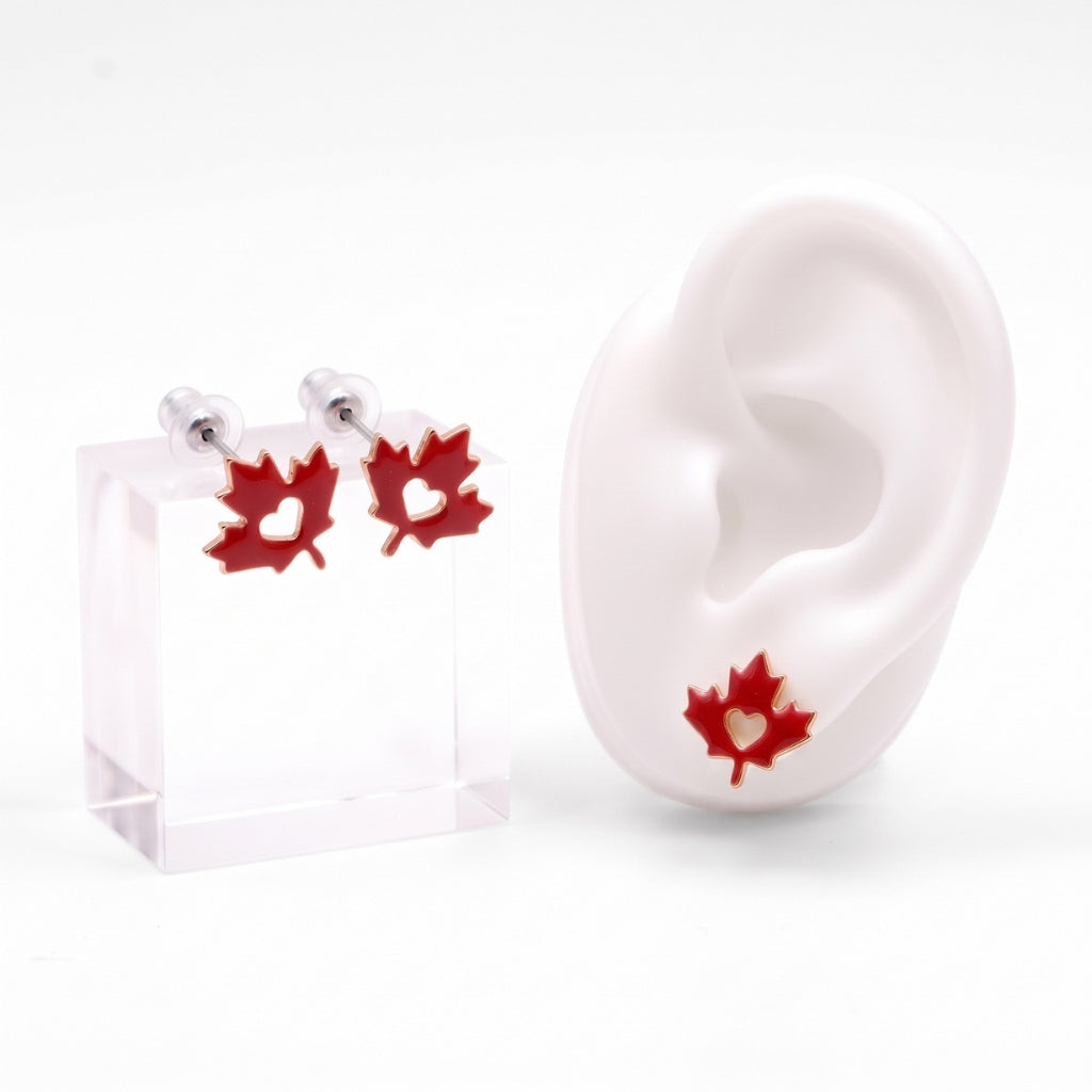 Maple Leaf Red Enamel Heart Silhouette Studs | Earrings