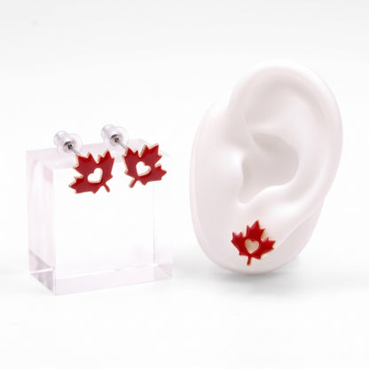 Maple Leaf Red Enamel Heart Silhouette Studs | Earrings
