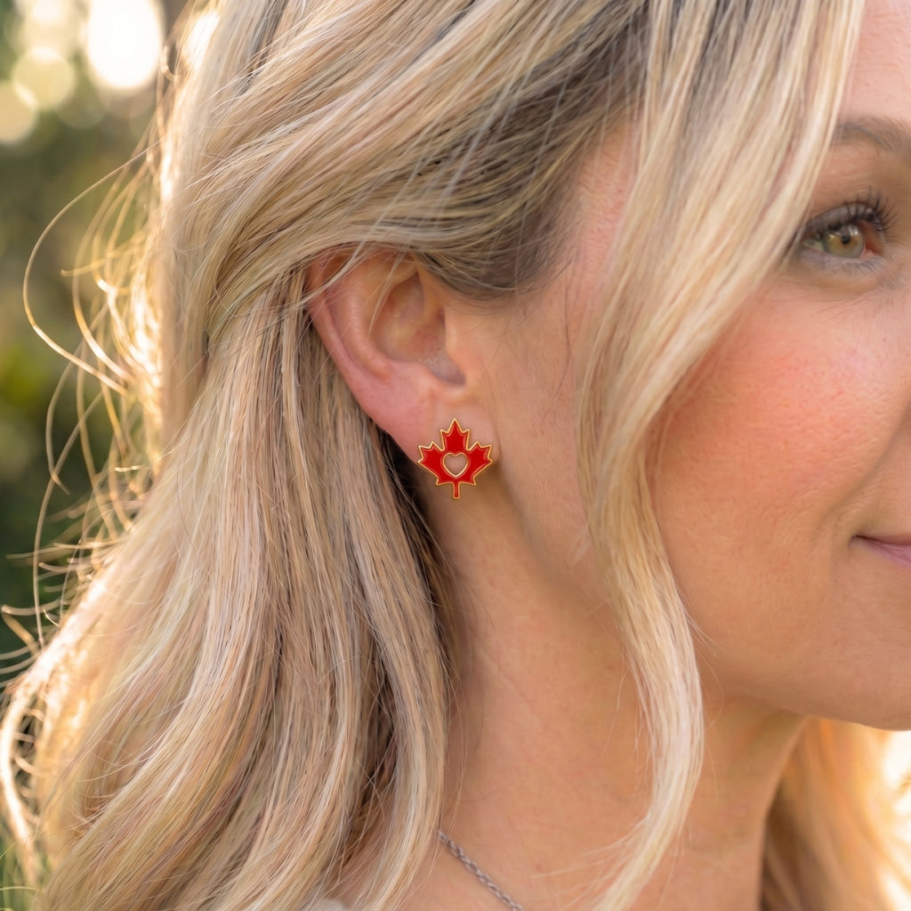 Maple Leaf Red Enamel Heart Silhouette Studs | Earrings