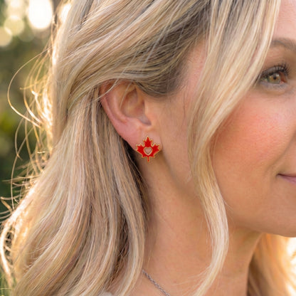Maple Leaf Red Enamel Heart Silhouette Studs | Earrings