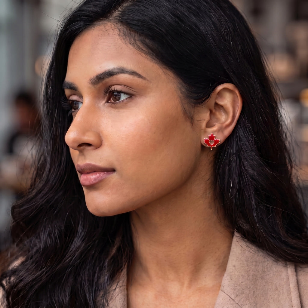 Maple Leaf Red Enamel Heart Silhouette Studs | Earrings