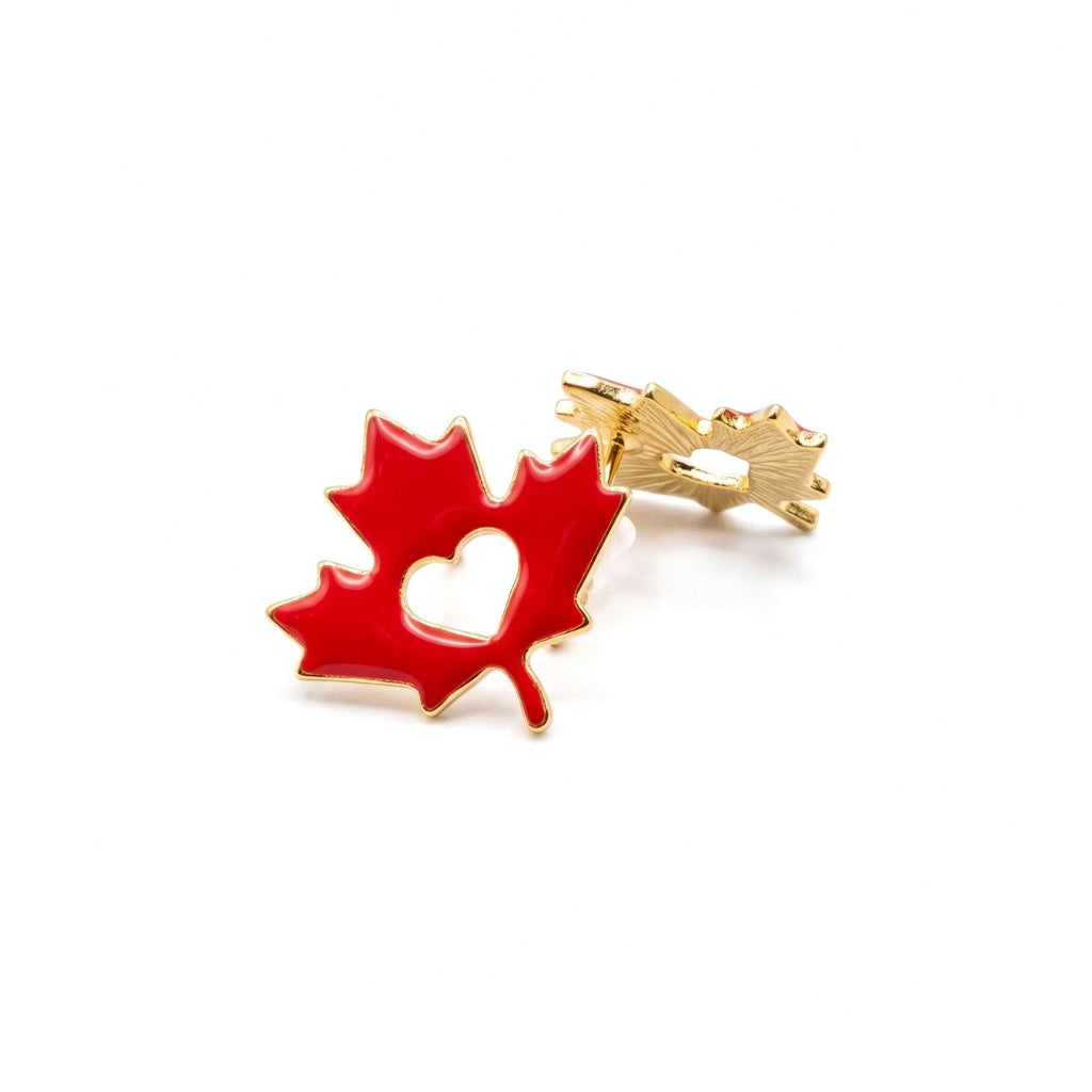 Maple Leaf Red Enamel Heart Silhouette Studs | Earrings