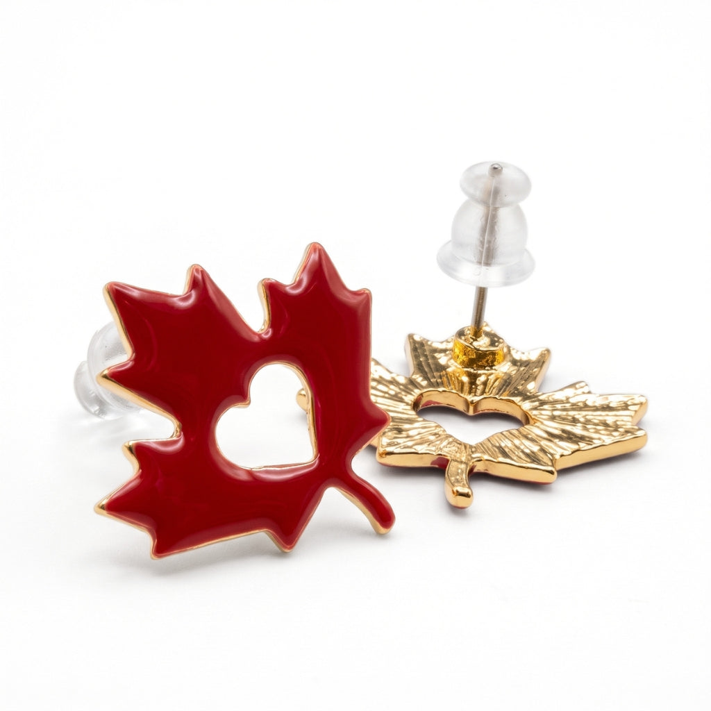 Maple Leaf Red Enamel Heart Silhouette Studs | Earrings