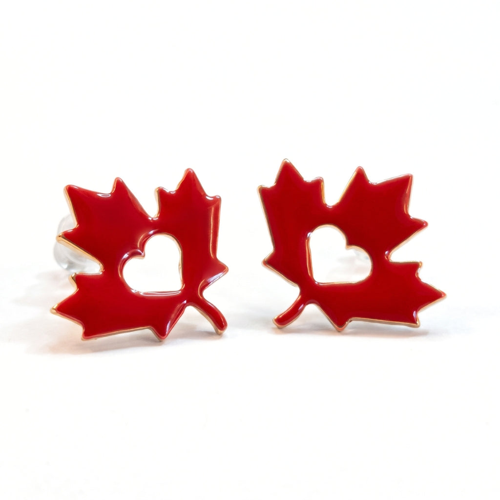 Maple Leaf Red Enamel Heart Silhouette Studs | Earrings