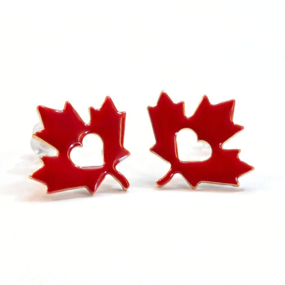 Maple Leaf Red Enamel Heart Silhouette Studs | Earrings