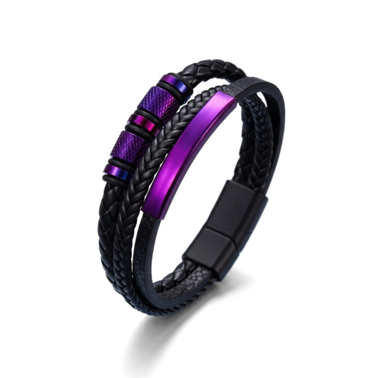 Metallic Purple Steel & Leather | Magnetic Bracelet