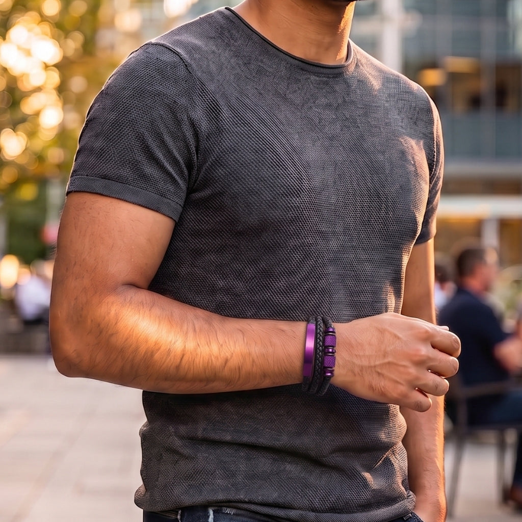 Metallic Purple Steel & Leather | Magnetic Bracelet