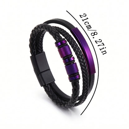 Metallic Purple Steel & Leather | Magnetic Bracelet
