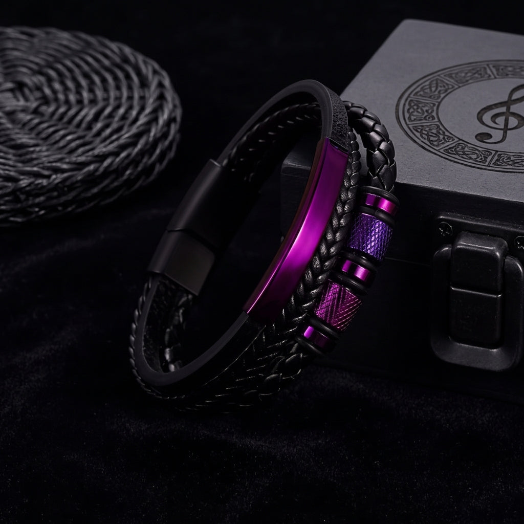 Metallic Purple Steel & Leather | Magnetic Bracelet