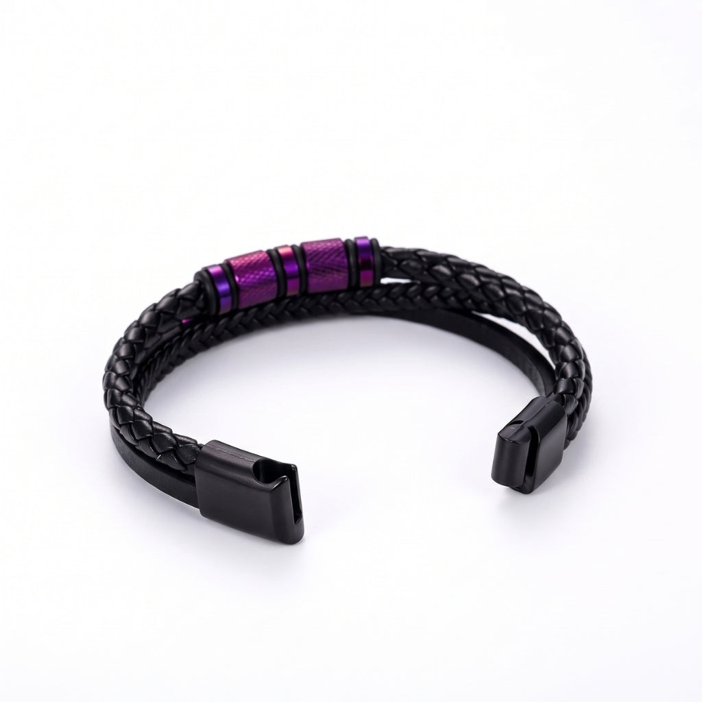 Metallic Purple Steel & Leather | Magnetic Bracelet