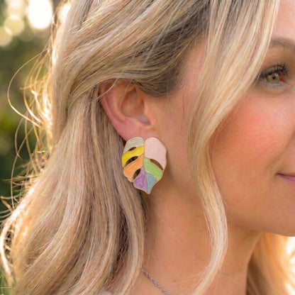 Painted Pastel Monstera Leaf Studs | Earrings