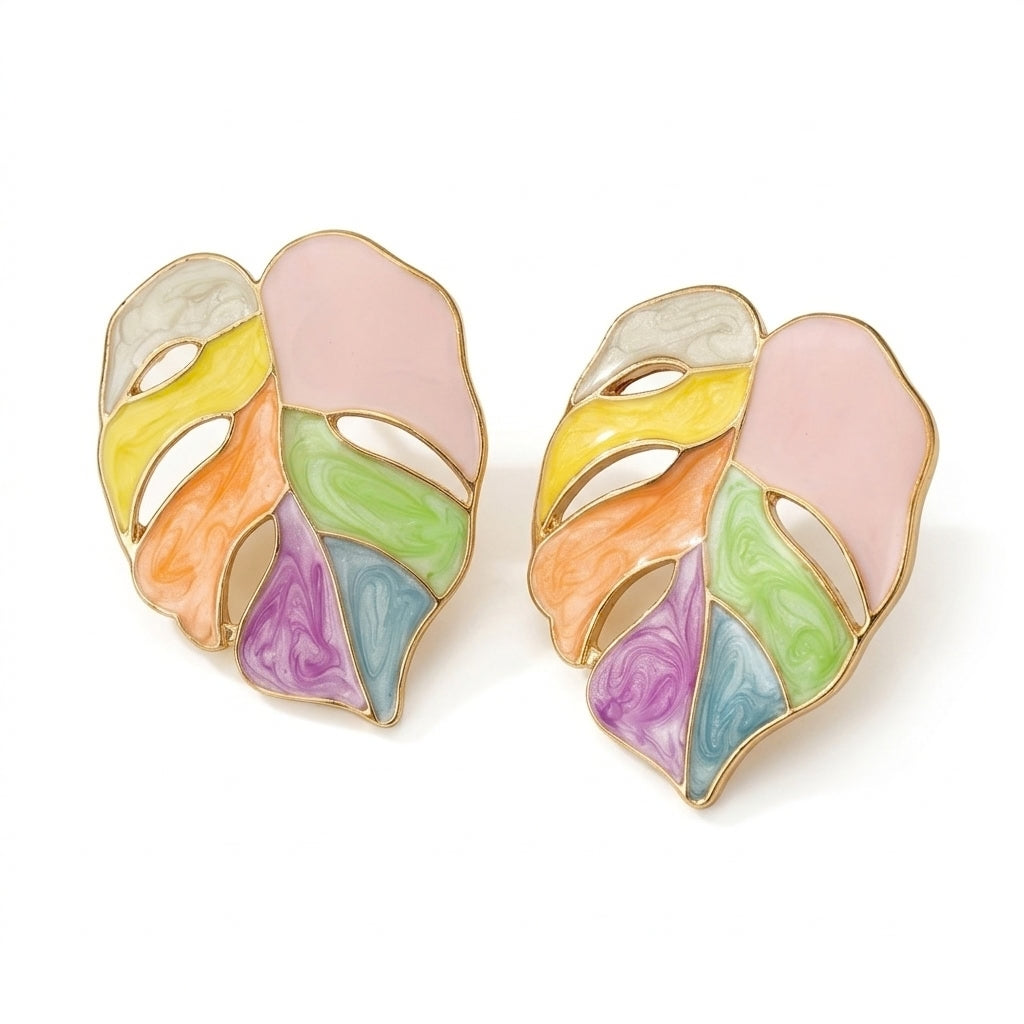 Painted Pastel Monstera Leaf Studs | Earrings