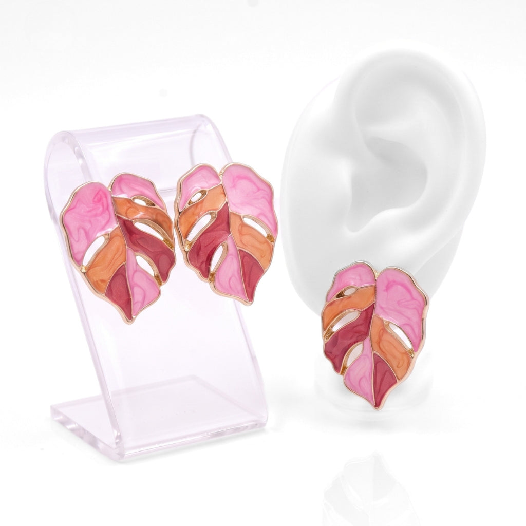 Painted Pink Monstera Leaf Studs | Earrings