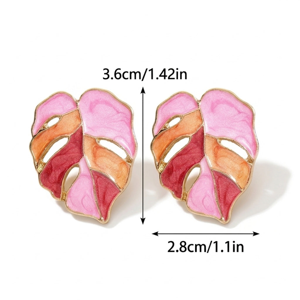 Painted Pink Monstera Leaf Studs | Earrings