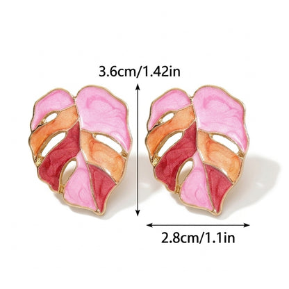 Painted Pink Monstera Leaf Studs | Earrings