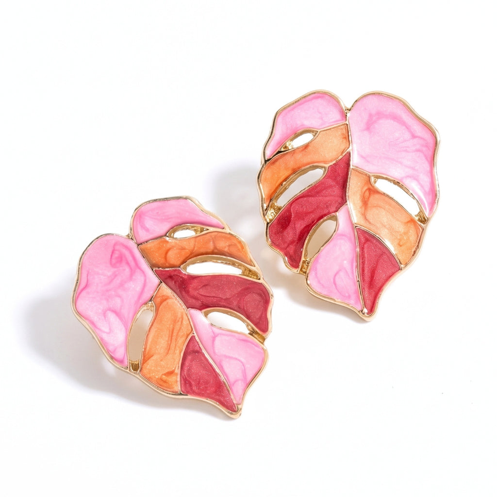 Painted Pink Monstera Leaf Studs | Earrings