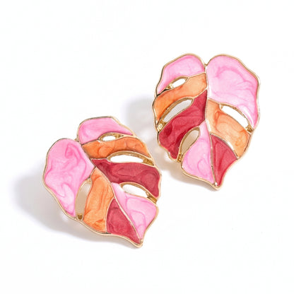 Painted Pink Monstera Leaf Studs | Earrings
