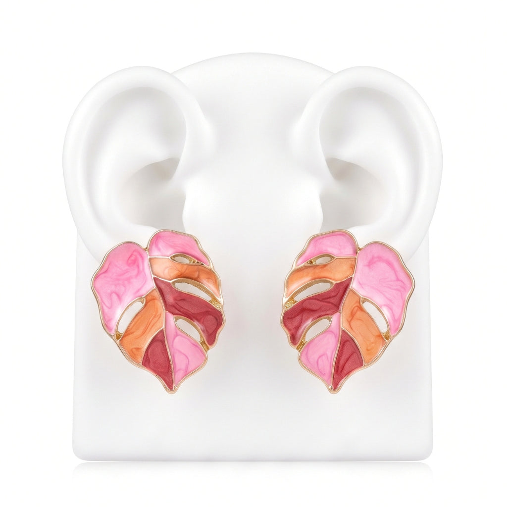 Painted Pink Monstera Leaf Studs | Earrings