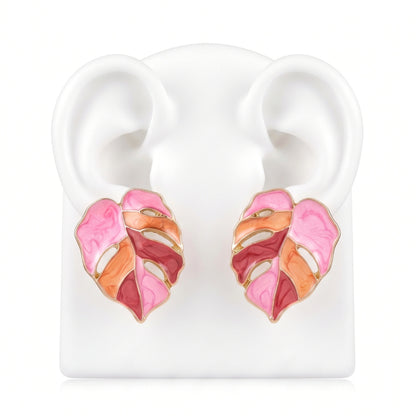Painted Pink Monstera Leaf Studs | Earrings
