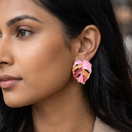 Painted Pink Monstera Leaf Studs | Earrings