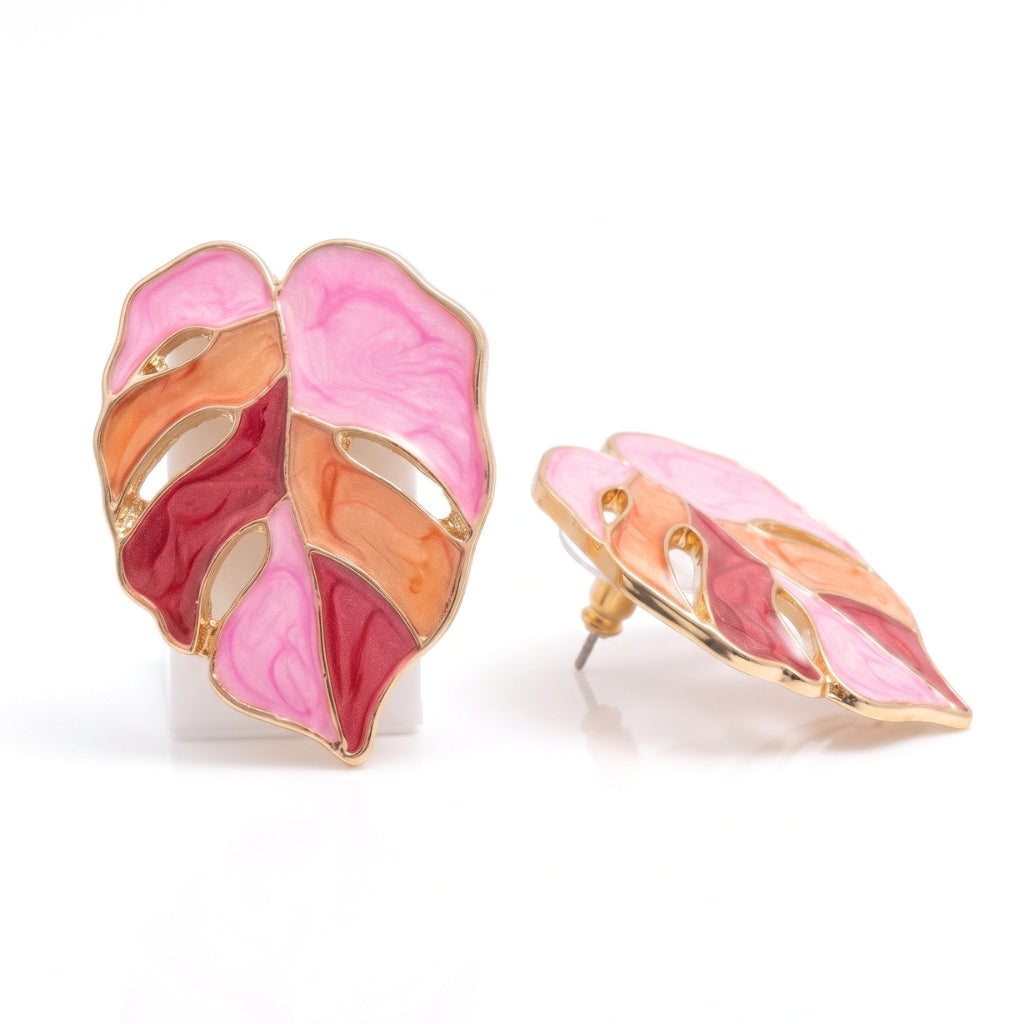 Painted Pink Monstera Leaf Studs | Earrings