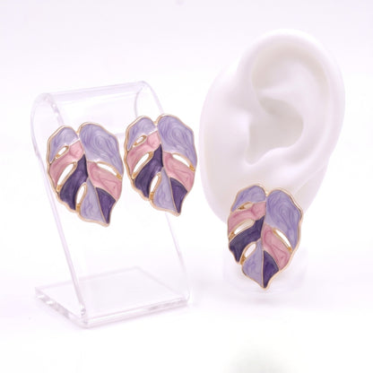 Purple Painted Monstera Leaf Studs | Earrings