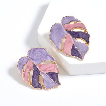 Purple Painted Monstera Leaf Studs | Earrings
