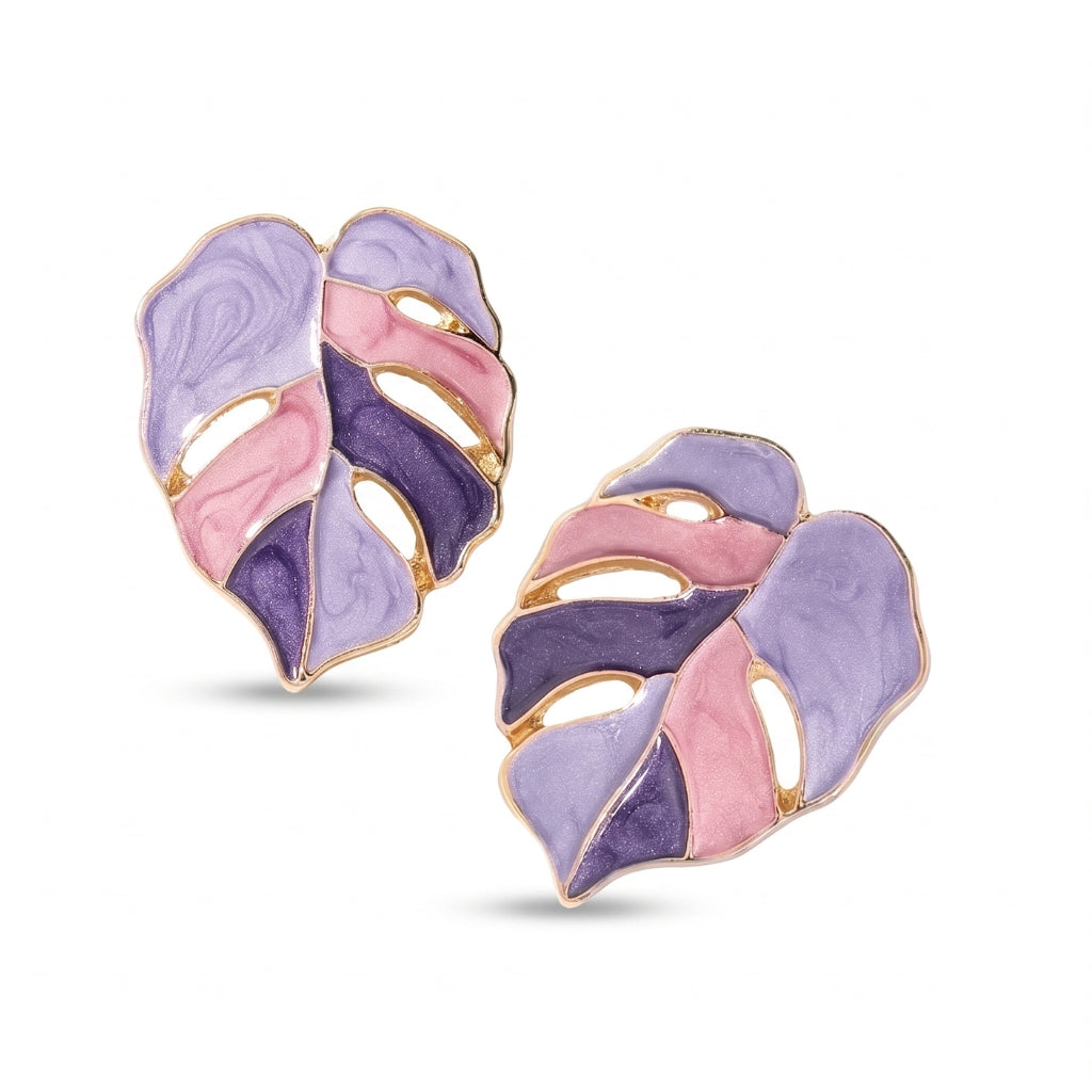 Purple Painted Monstera Leaf Studs | Earrings