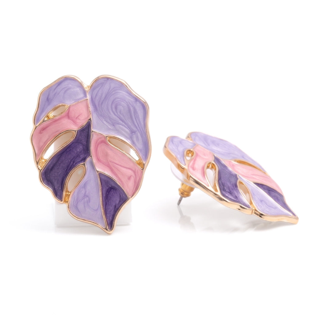 Purple Painted Monstera Leaf Studs | Earrings