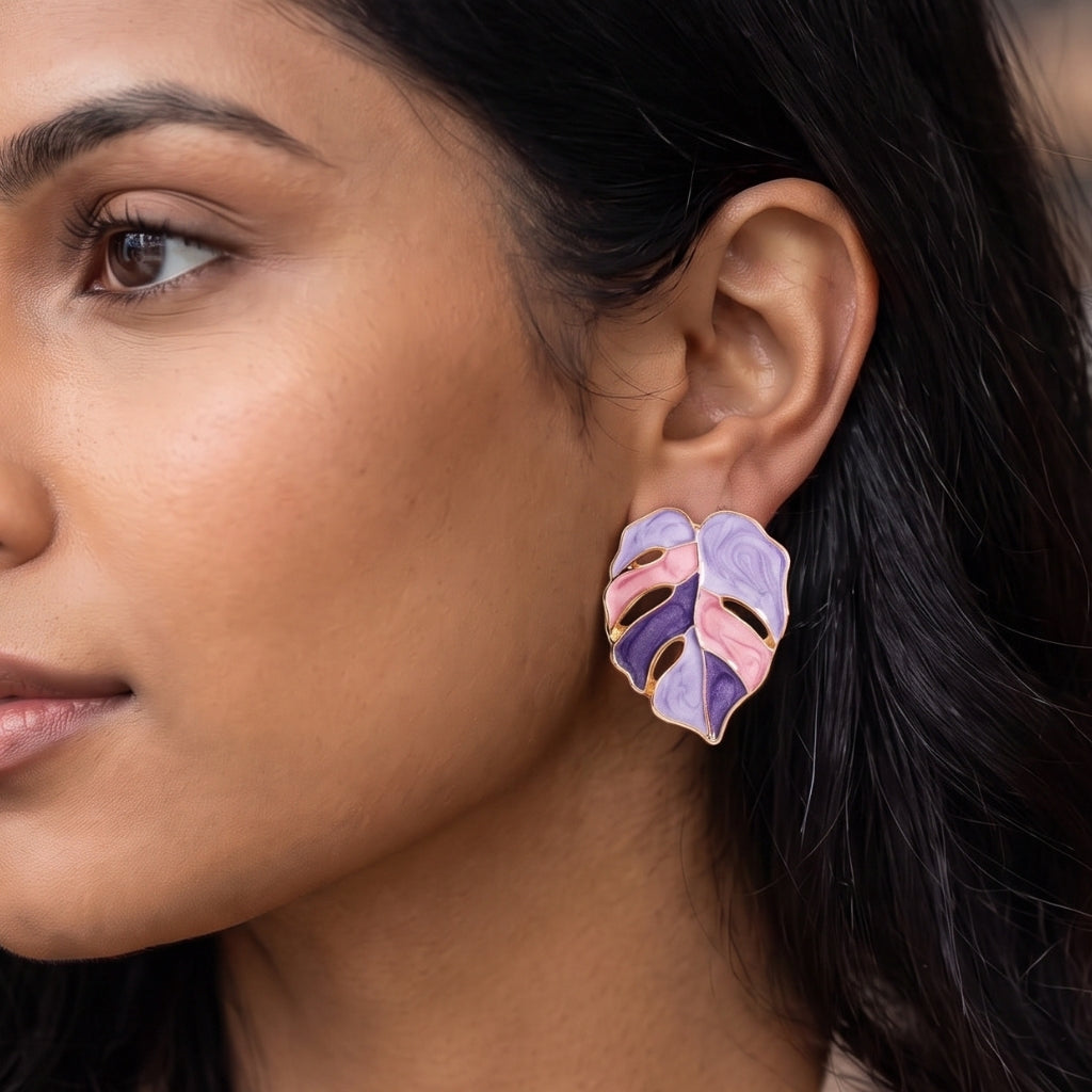 Purple Painted Monstera Leaf Studs | Earrings