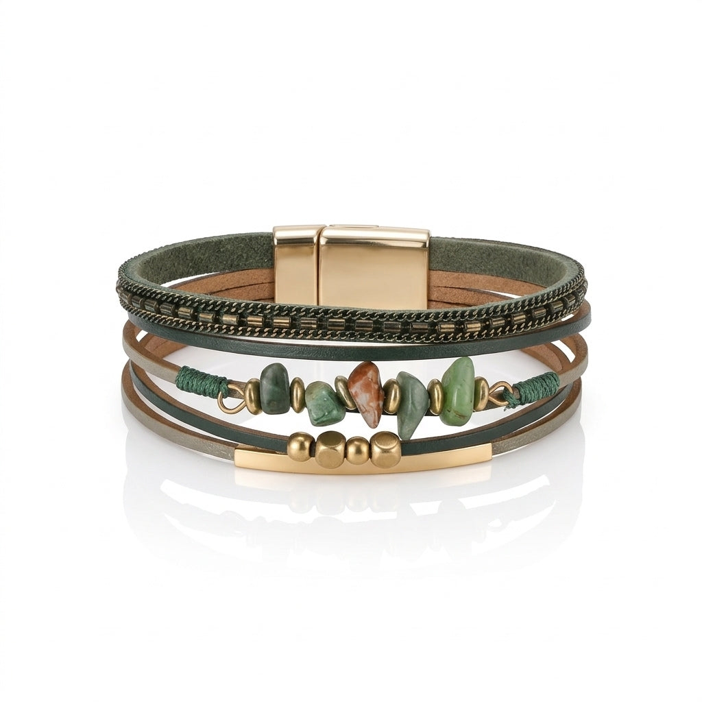 Sage Green Layered Leather & Stone | Magnetic Bracelet