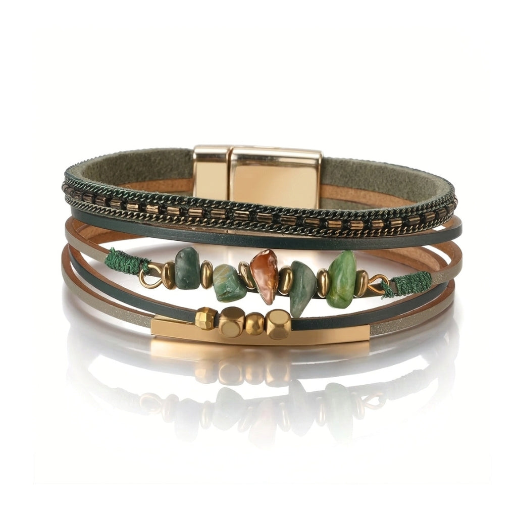 Sage Green Layered Leather & Stone | Magnetic Bracelet
