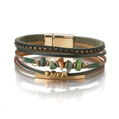 Sage Green Layered Leather & Stone | Magnetic Bracelet