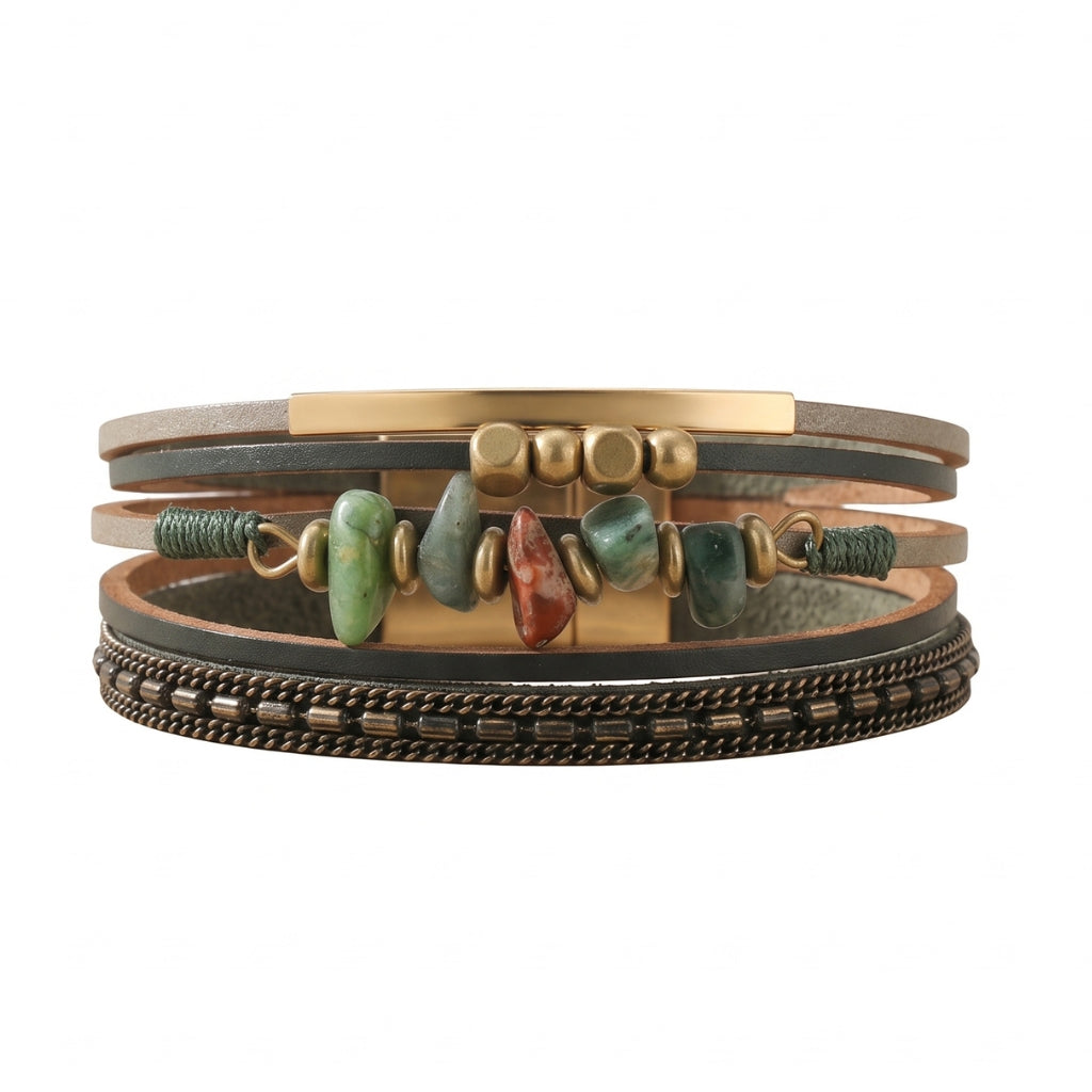 Sage Green Layered Leather & Stone | Magnetic Bracelet