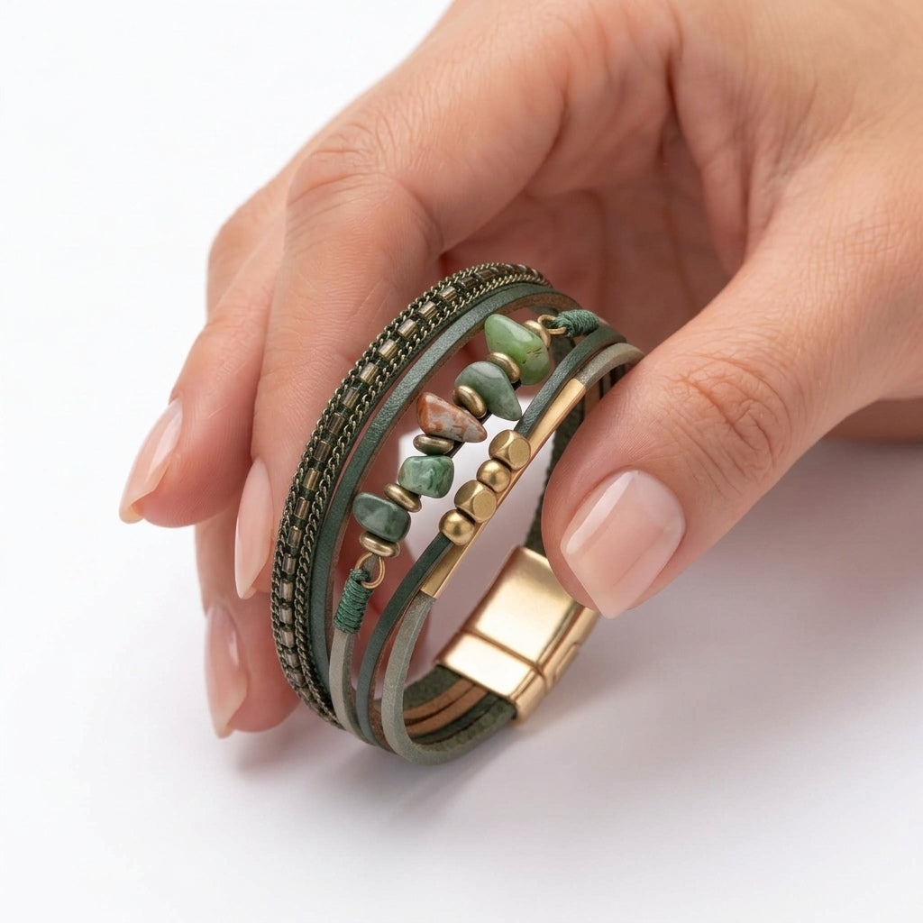Sage Green Layered Leather & Stone | Magnetic Bracelet