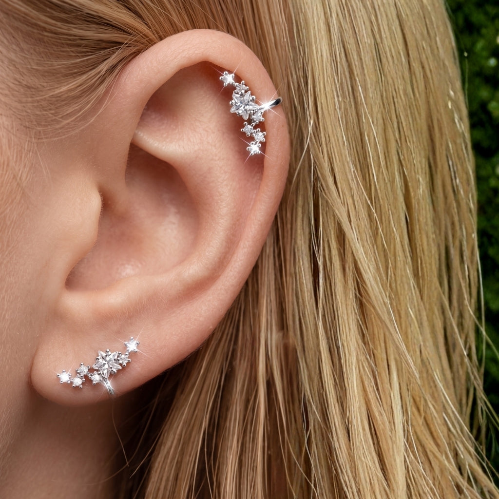 Sterling Silver Star Cluster Cuff | Earring