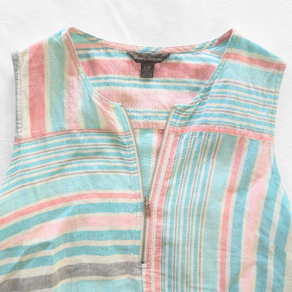 Tommy Bahama Women's Kohala Stripe 1/4 Zip Linen Tank Top Blouse [L]