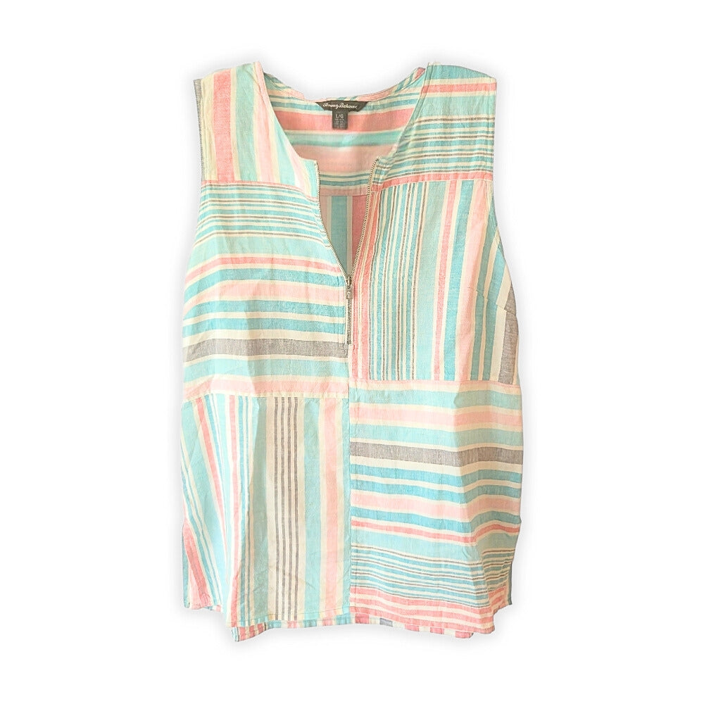 Tommy Bahama Women's Kohala Stripe 1/4 Zip Linen Tank Top Blouse [L]