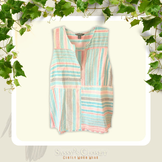 Tommy Bahama Women's Kohala Stripe 1/4 Zip Linen Tank Top Blouse [L]