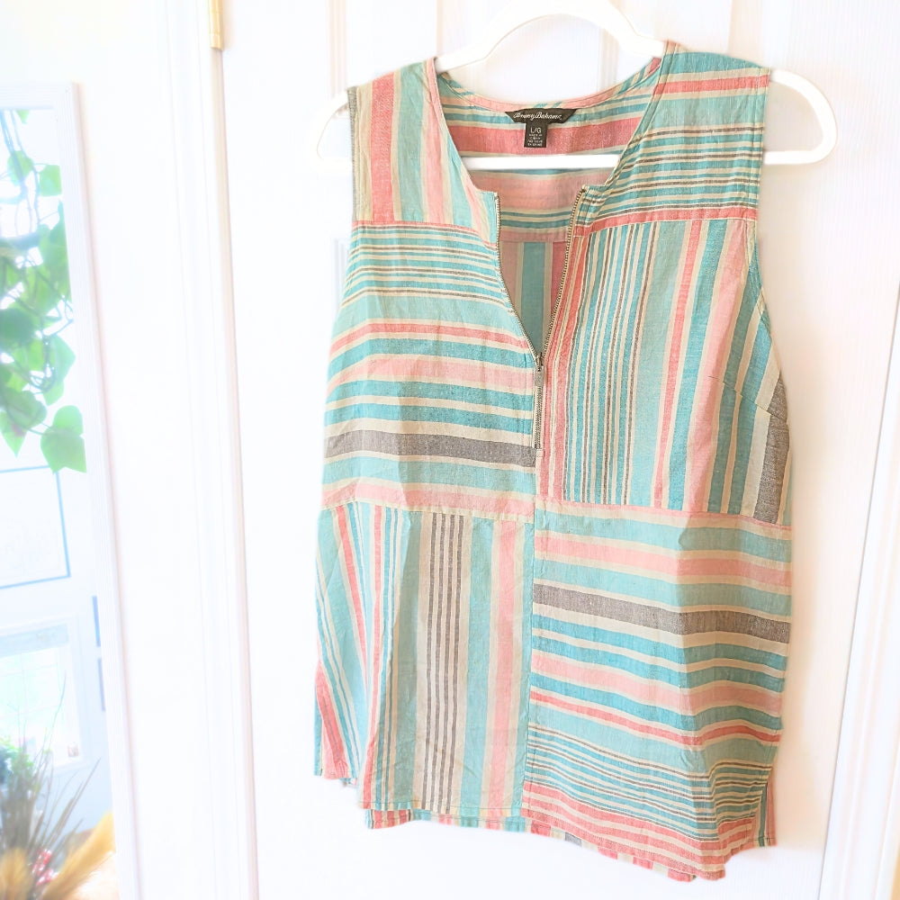 Tommy Bahama Women's Kohala Stripe 1/4 Zip Linen Tank Top Blouse [L]
