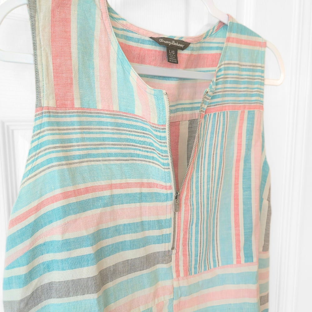 Tommy Bahama Women's Kohala Stripe 1/4 Zip Linen Tank Top Blouse [L]