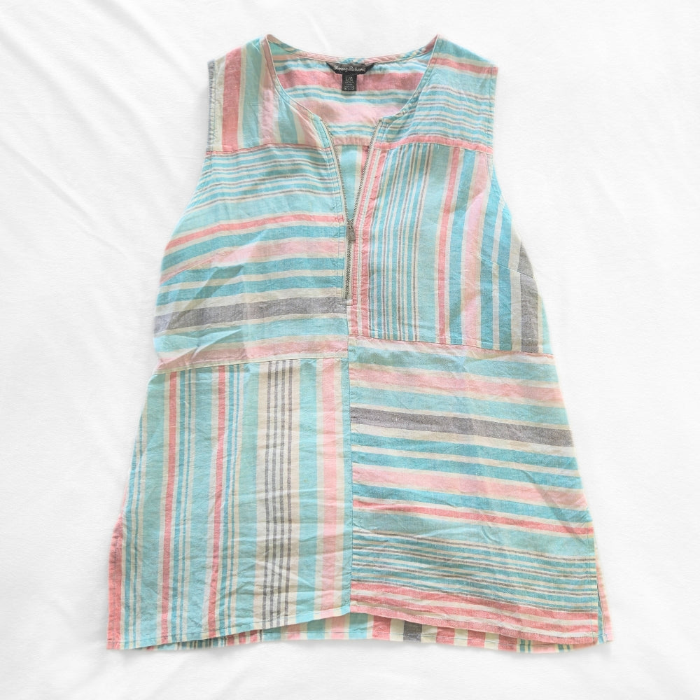 Tommy Bahama Women's Kohala Stripe 1/4 Zip Linen Tank Top Blouse [L]